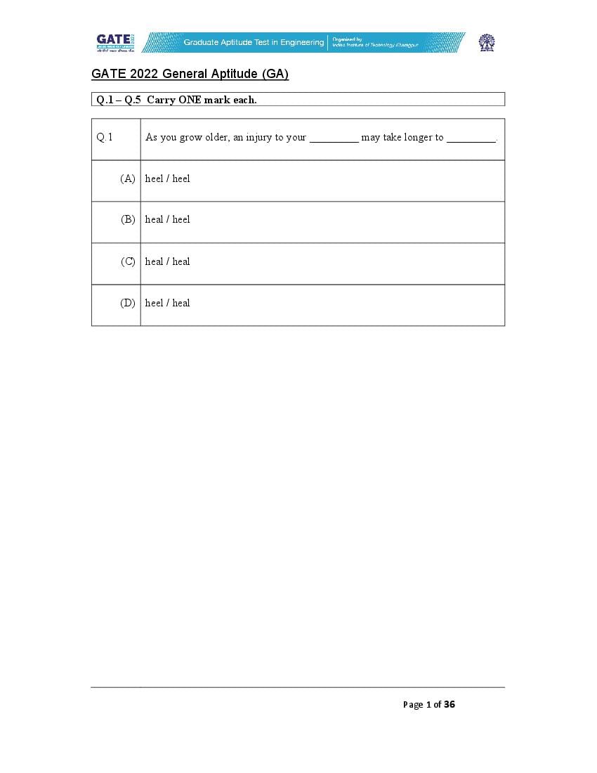 GATE 2022 Question Paper EE Electrical Engineering - Page 1
