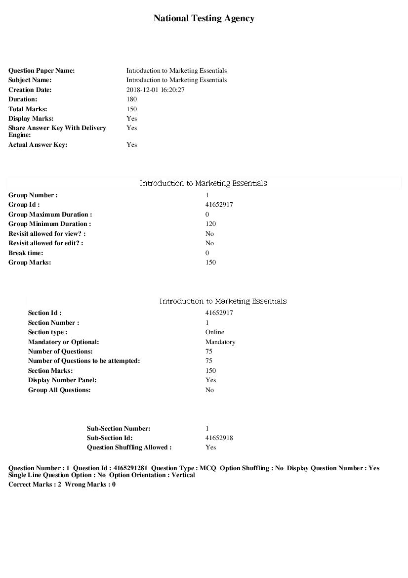 SWAYAM 2018 Question Paper Introduction to Marketing Essentials - Page 1 of 16