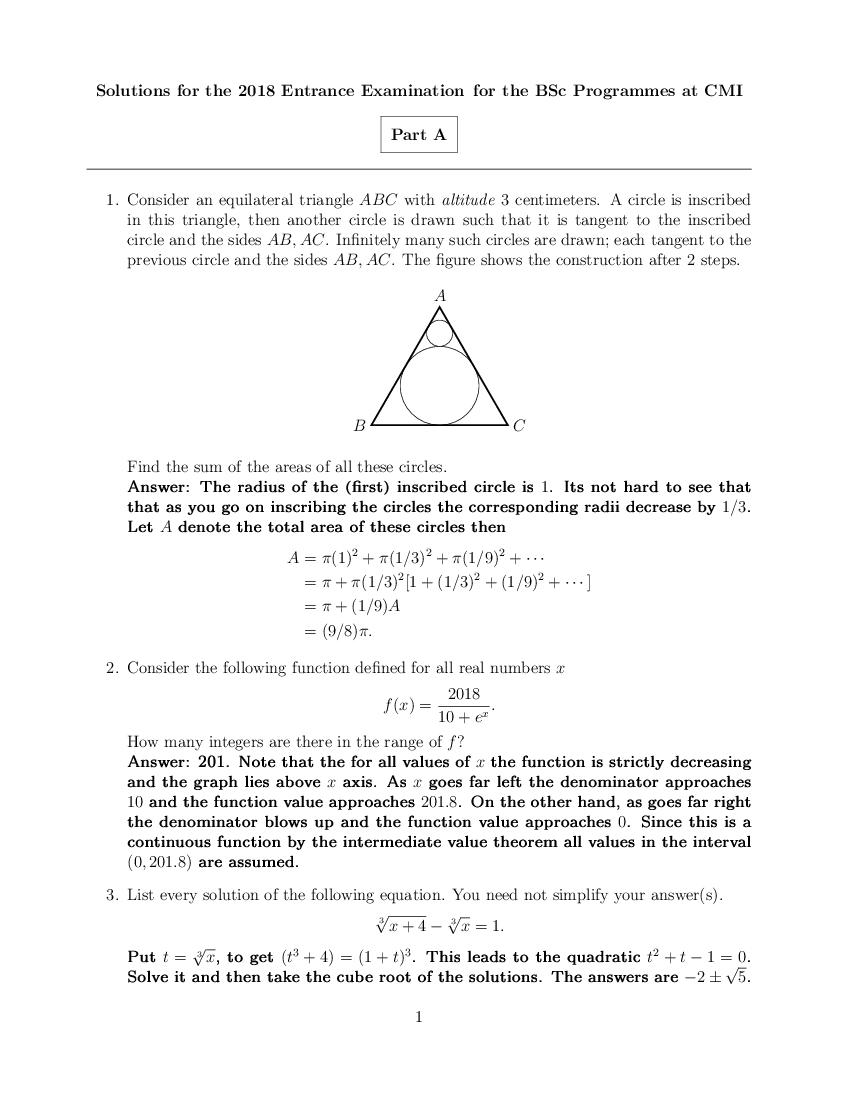 CMI Entrance Exam 2018 Question Paper Solution B.Sc Maths & Computer