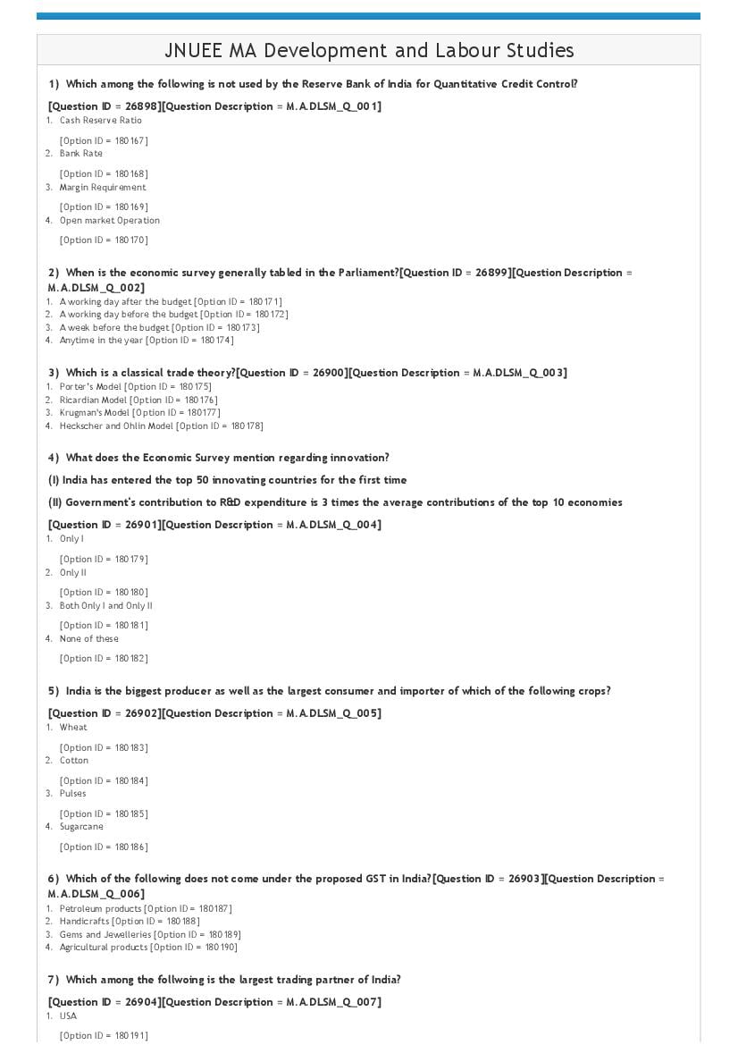 JNUEE 2021 Question Paper MA Development and Labour Studies - Page 1