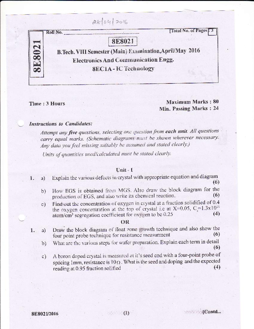 RTU 2016 Question Paper Semester VIII Electronics and Communication Engineering IC Technology - Page 1