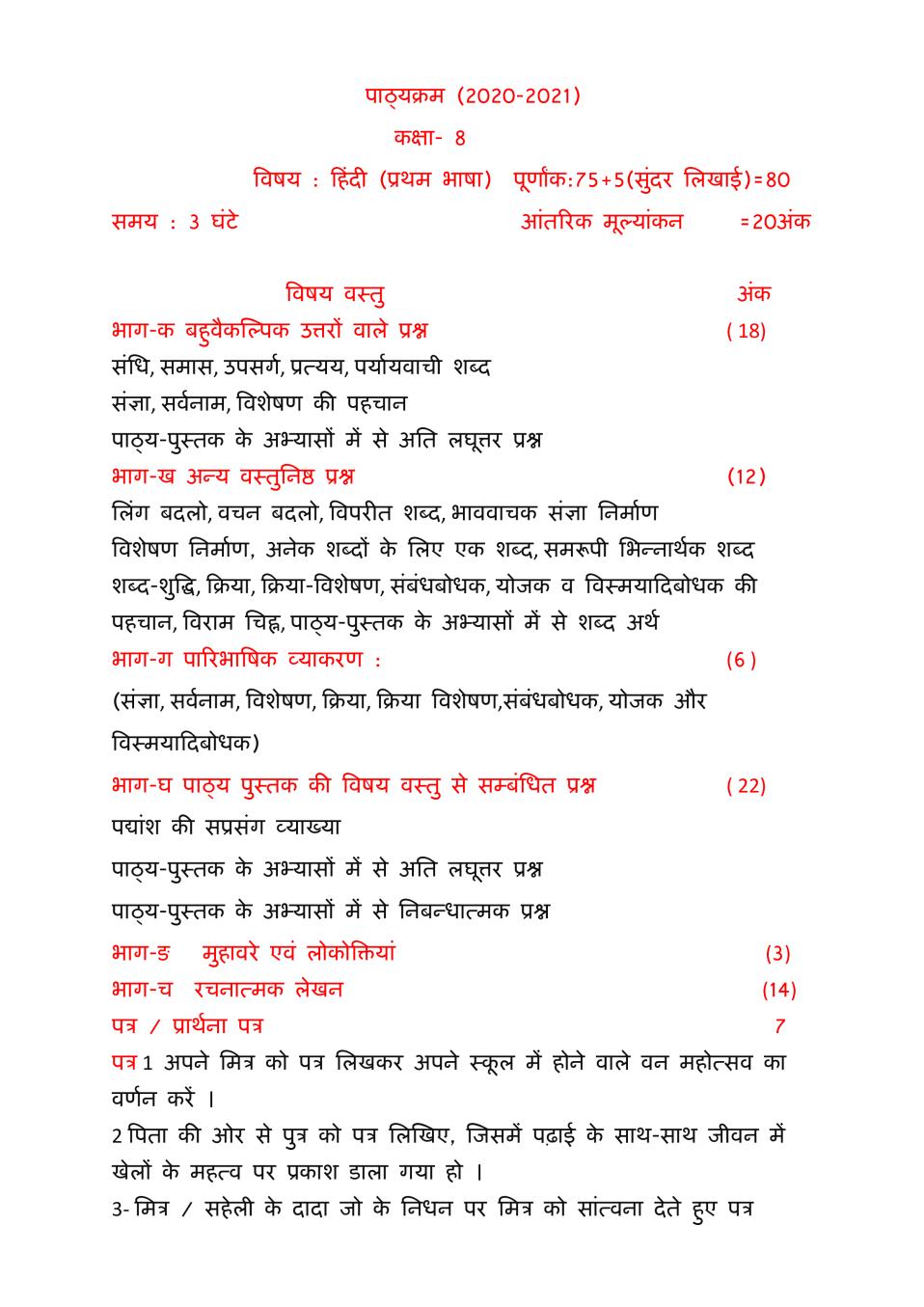 PSEB Syllabus 2020-21 for Class 8 Hindi 1st Language - Page 1