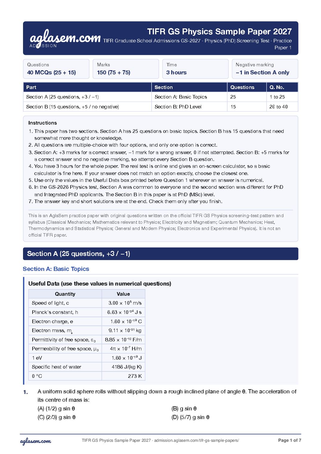 TIFR GS 2027 Sample Paper Physics - Page 1 of 7