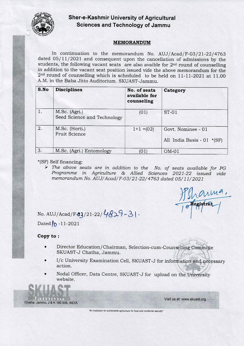SKUAST Jammu CET 2021 Memorandum Regarding Vacant seats for PG Admission - Page 1