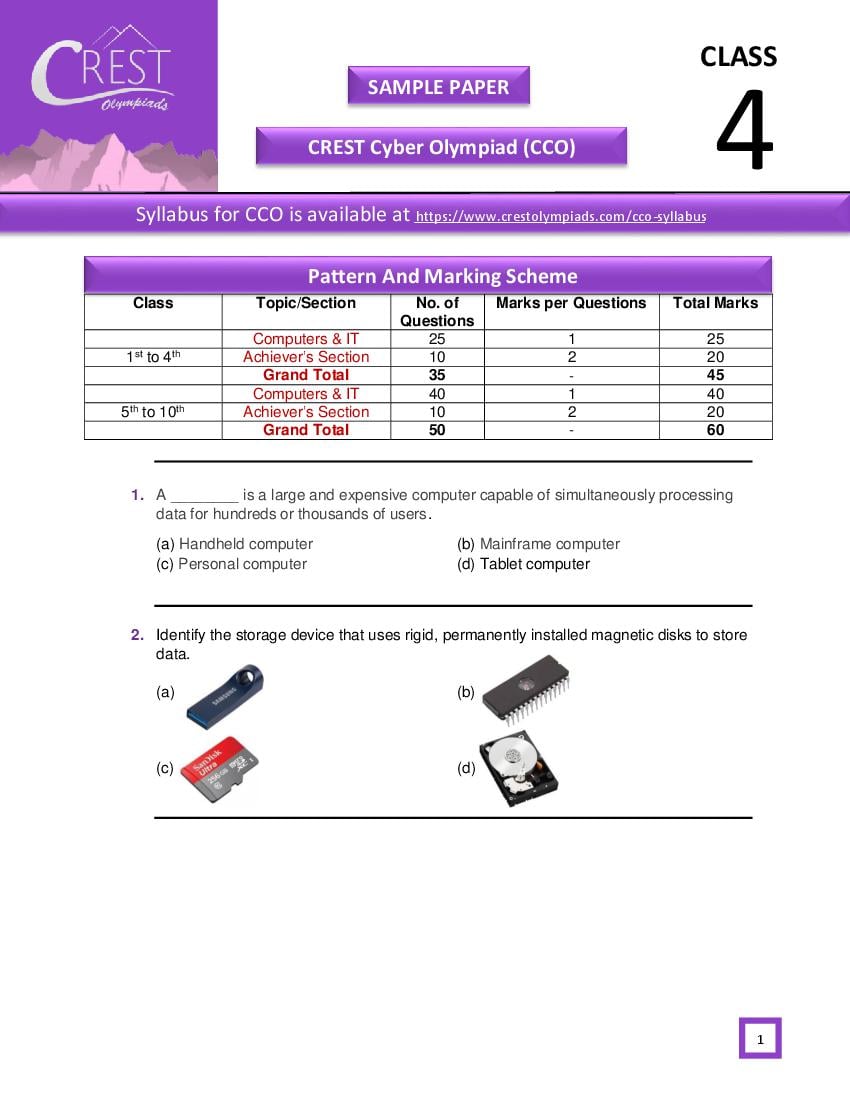 CREST Cyber Olympiad (CCO) Class 4 Sample Paper - Page 1