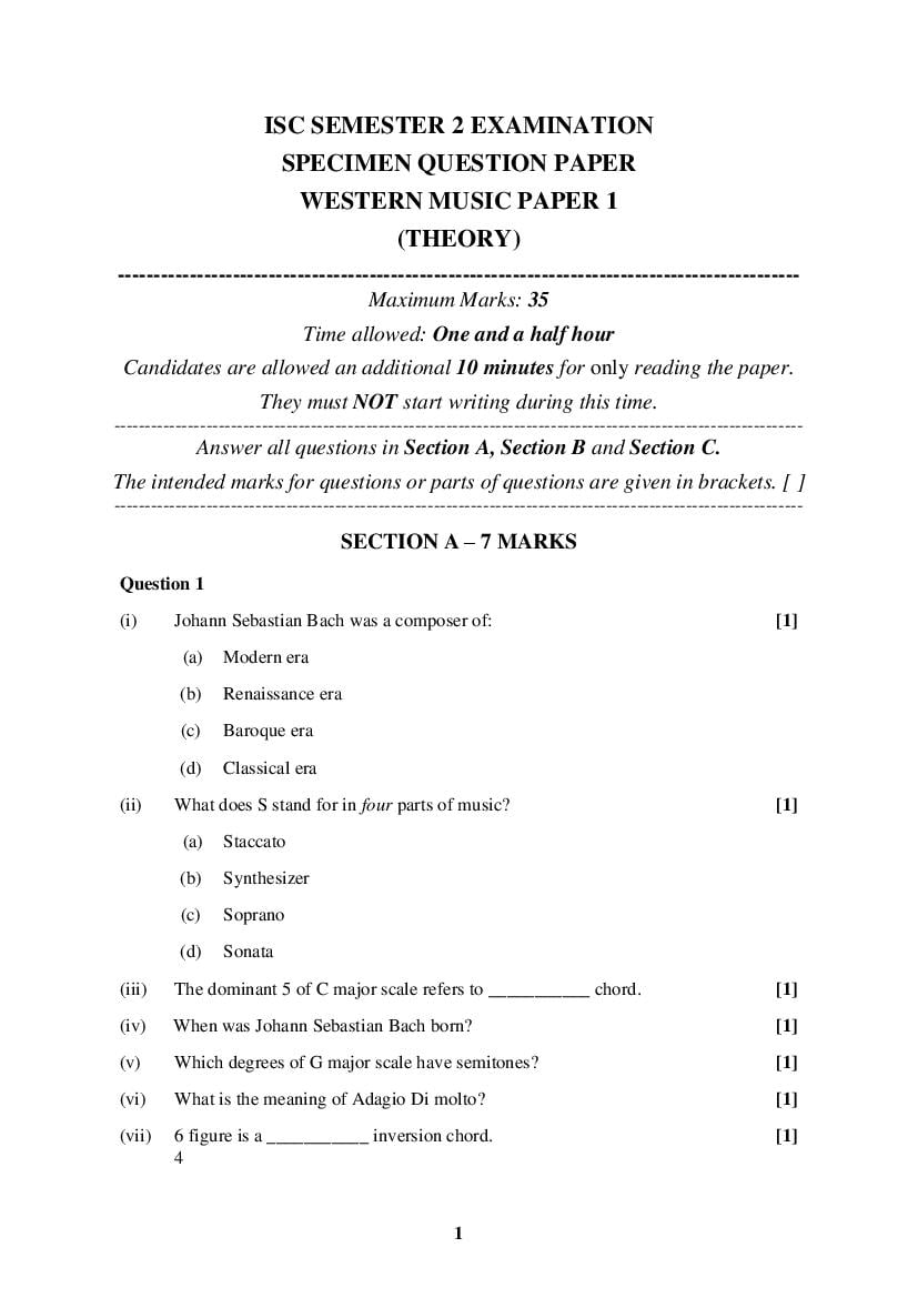 ISC Class 12 Specimen Paper 2022 Western Music Semester 2 - Page 1