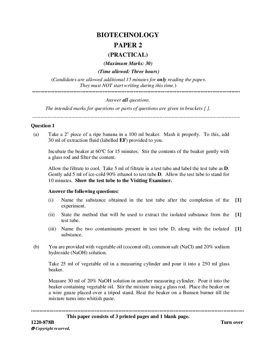 ISC Class 12 Question Paper 2020 for Biotech Practical - Page 1