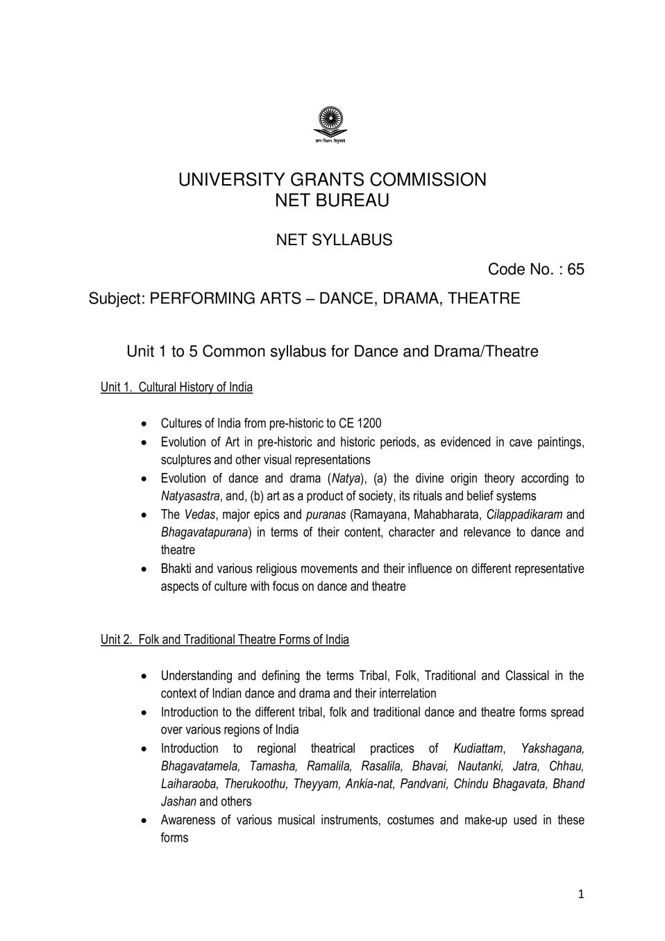 UGC NET Syllabus for Performing Art - Dance Drama Theatre 2020 - Page 1