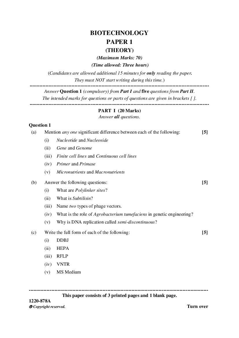 ISC Class 12 Question Paper 2020 for Biotech - Page 1