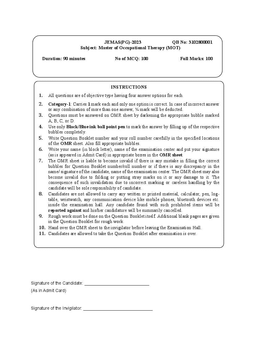 JEMAS PG 2023 Question Paper MOT - Page 1