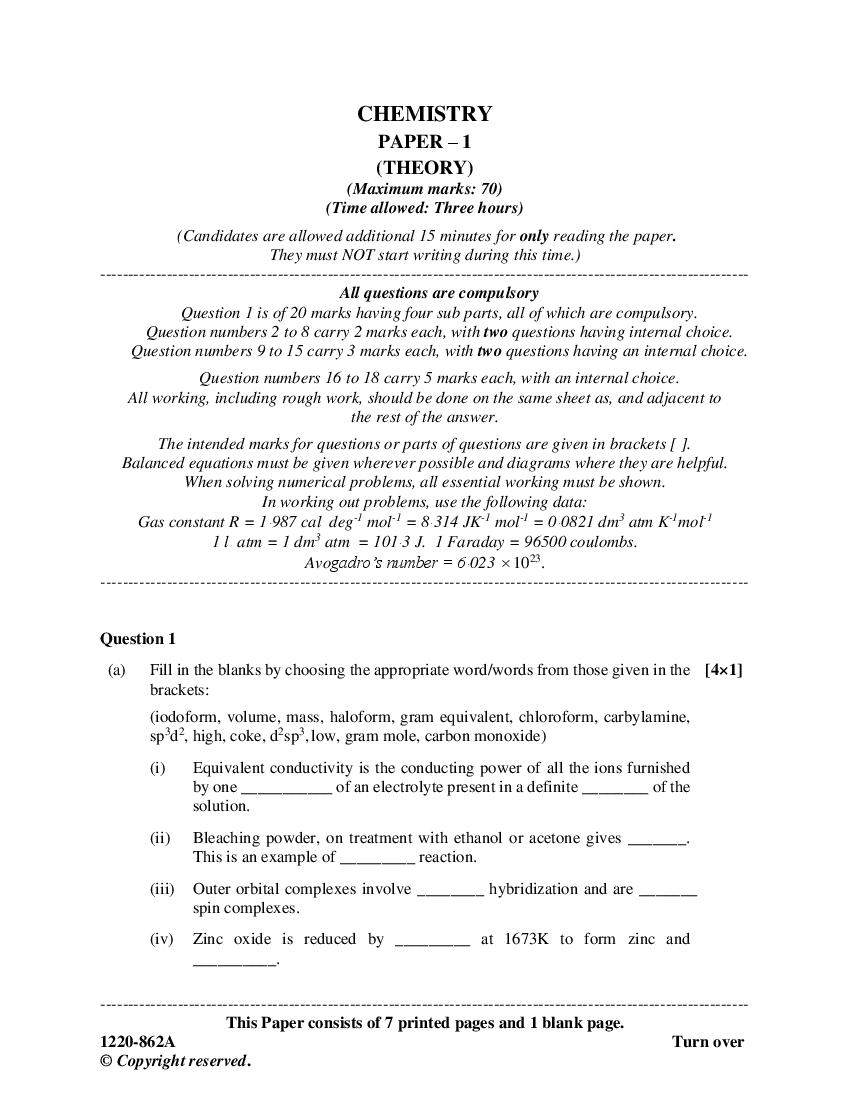 ISC Class 12 Question Paper 2020 for Chemistry - Page 1