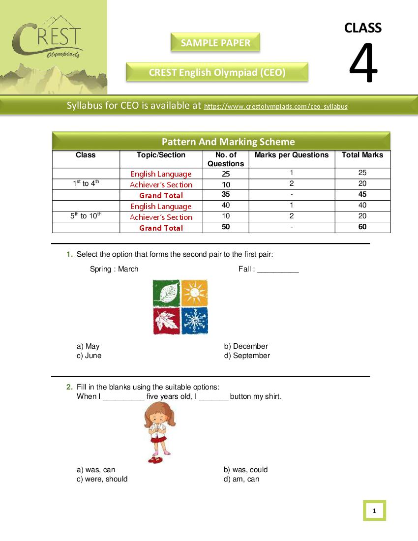 CREST English Olympiad (CEO) Class 4 Sample Paper - Page 1