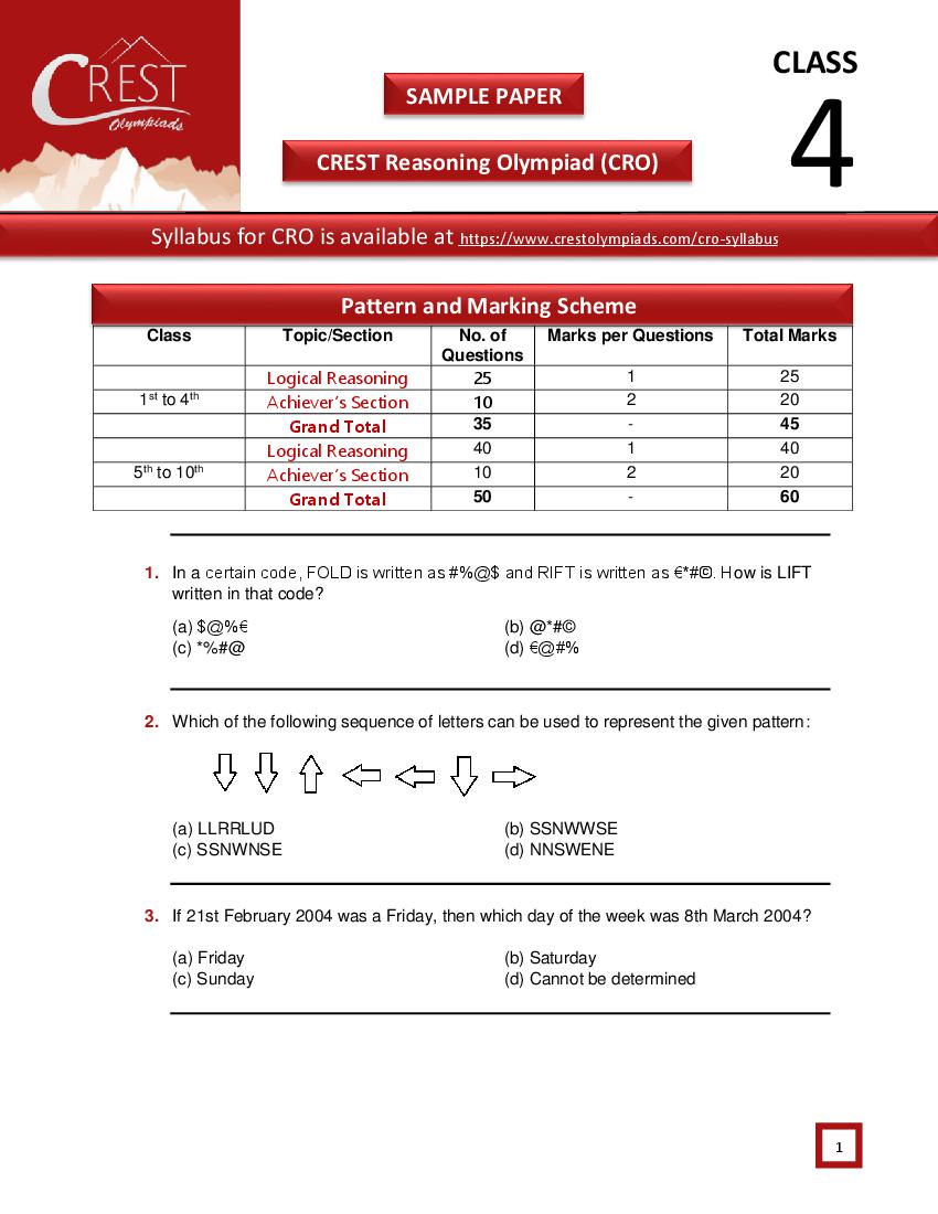 CREST Reasoning Olympiad (CRO) Class 4 Sample Paper - Page 1