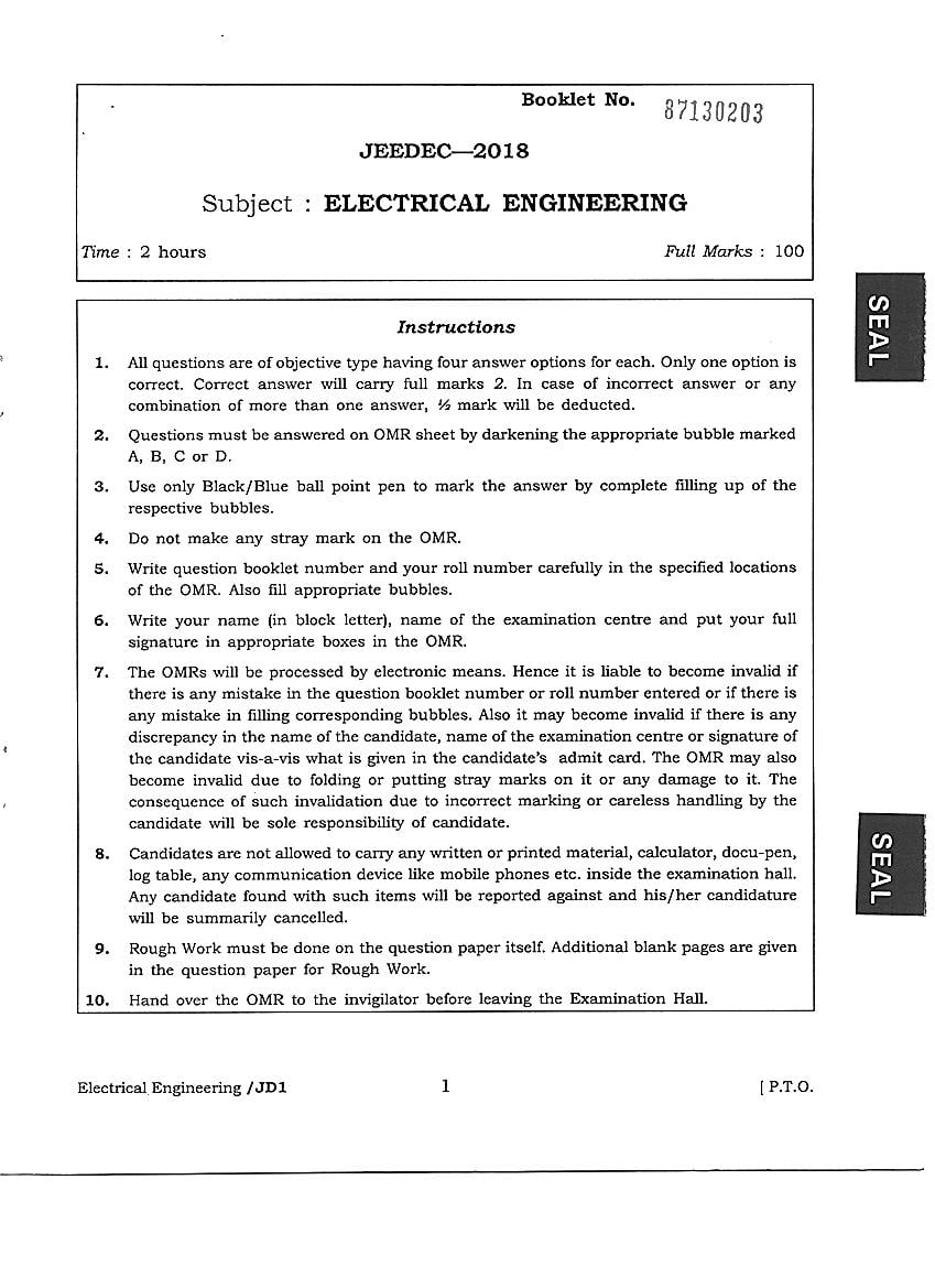 JEEDEC 2018 Question Paper Electrical Engineering - Page 1