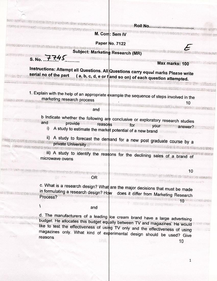 DU SOL M.Com Question Paper 2nd Year 2016 Sem 4 Marketing Research Set 1 - Page 1