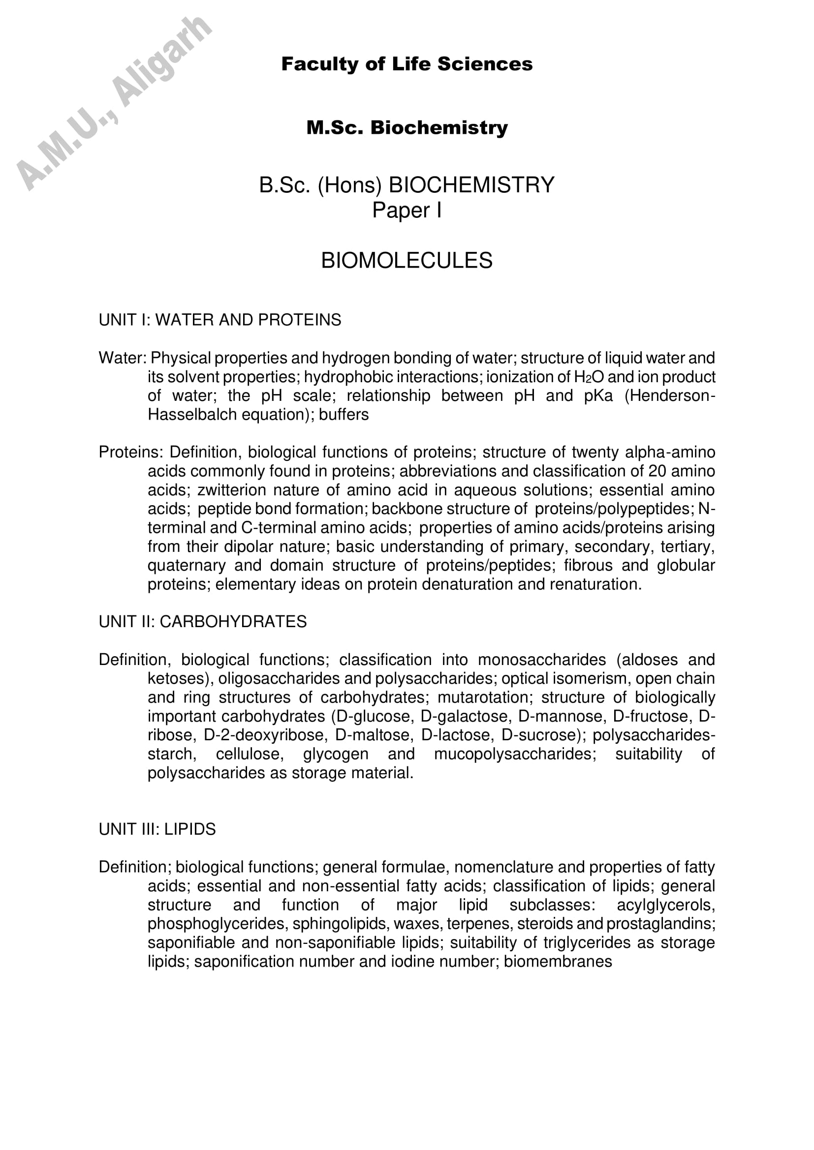 AMU Entrance Exam Syllabus for M.Sc. in Biochemistry - Page 1