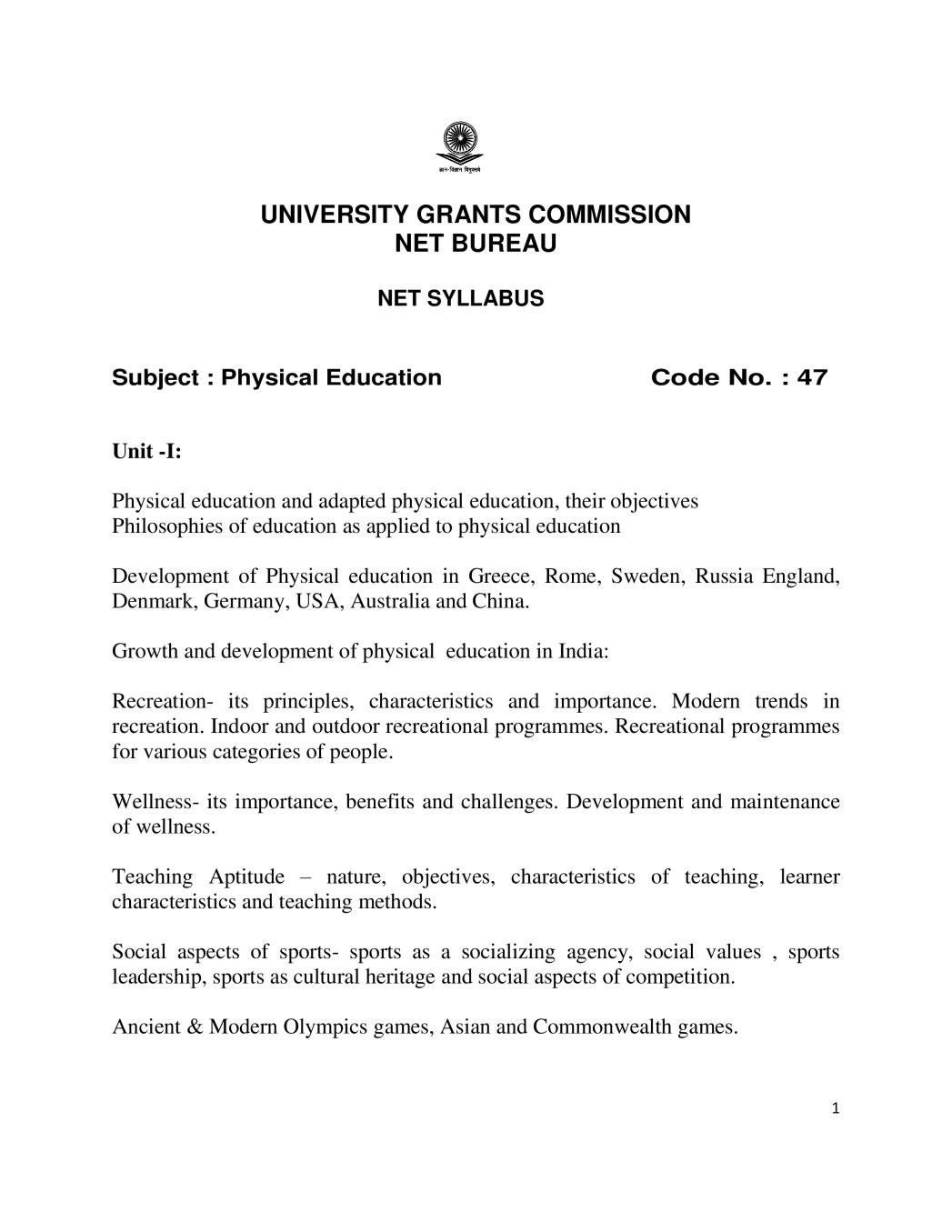 UGC NET Syllabus for Physical Education 2020 - Page 1