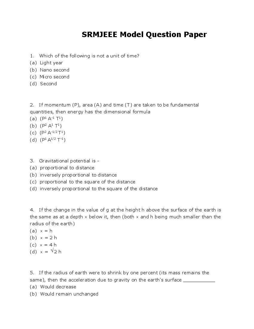 SRMJEEE 2022 Model Question Paper - Page 1