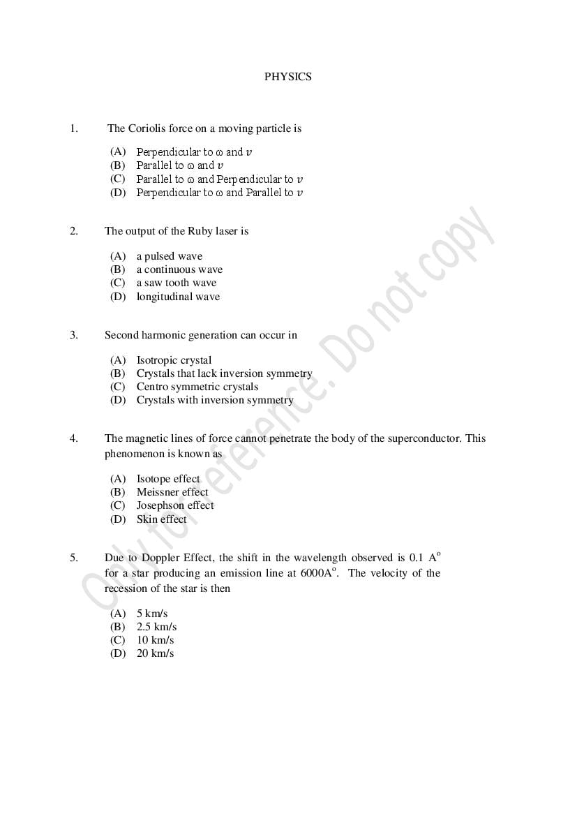CUSAT CAT 2021 Question Paper M.Sc Physics - Page 1