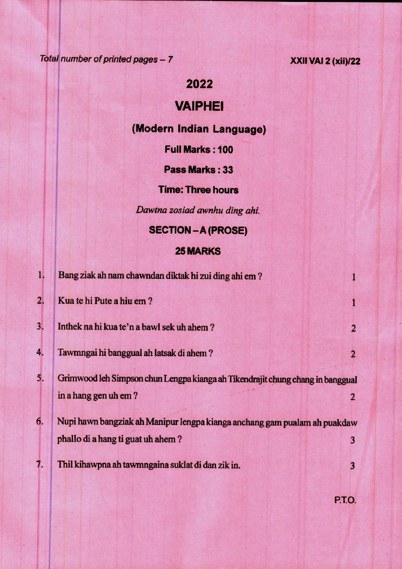 Manipur Board Class 12 Question Paper 2022 for Vaiphei - Page 1
