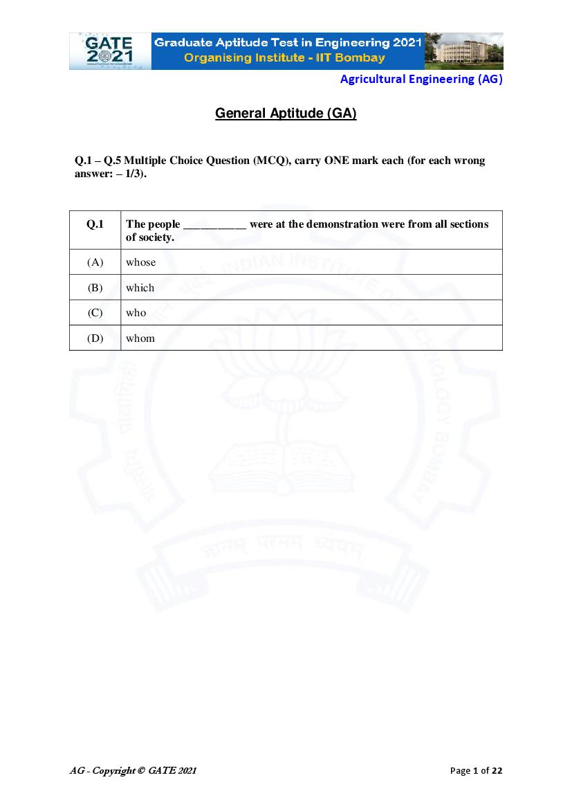 GATE 2021 Question Paper AG Agricultural Engineering - Page 1