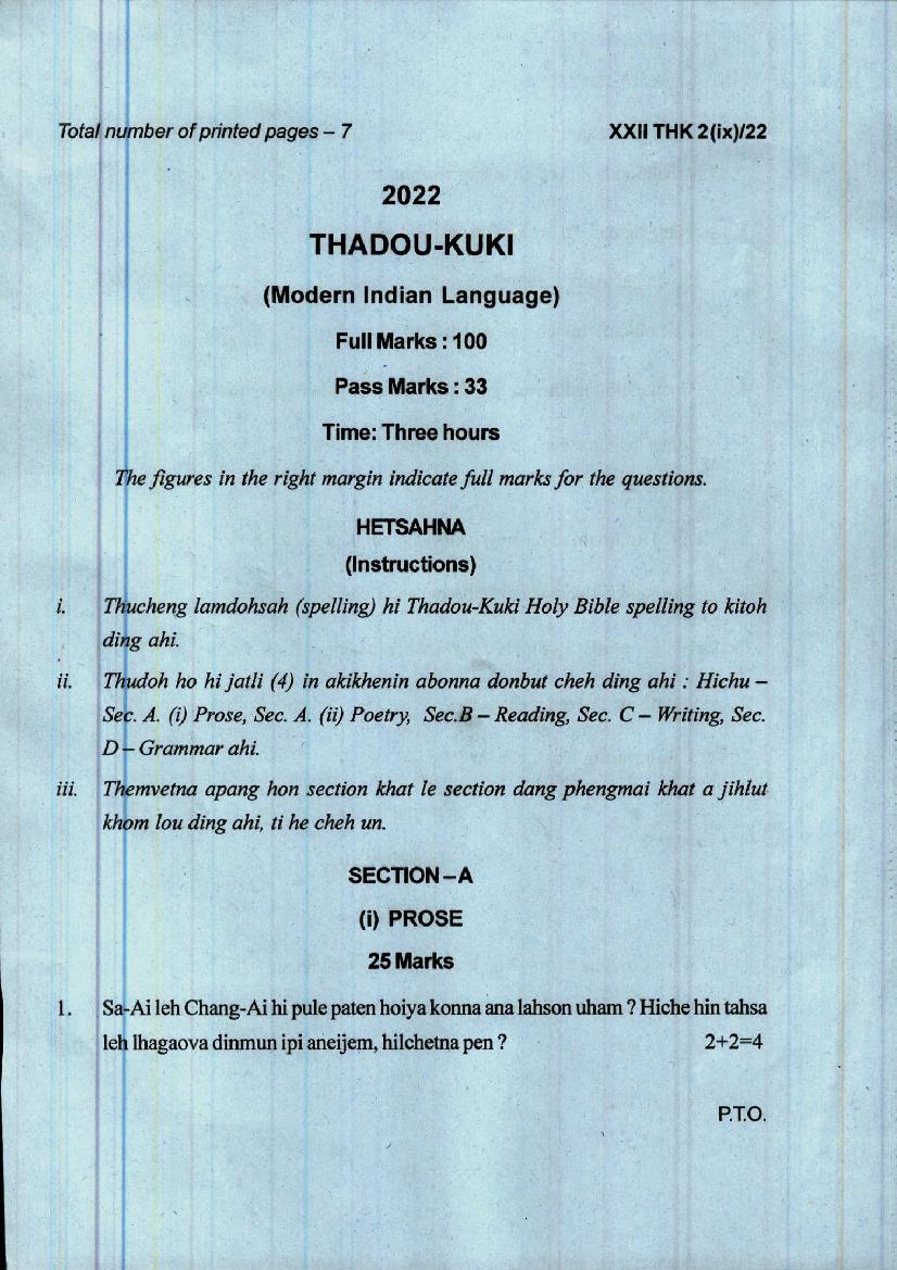 Manipur Board Class 12 Question Paper 2022 for Thadou Kuki - Page 1