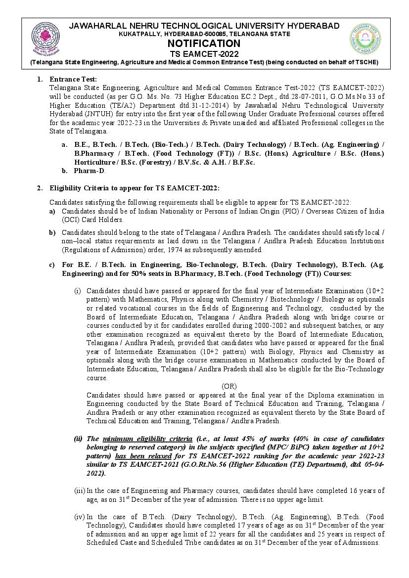 TS EAMCET 2022 Detailed Notification - Page 1
