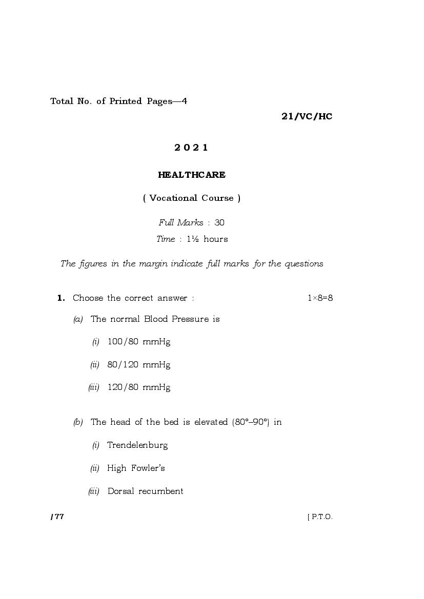 MBOSE Class 10 Question Paper 2021 for Healthcare - Page 1