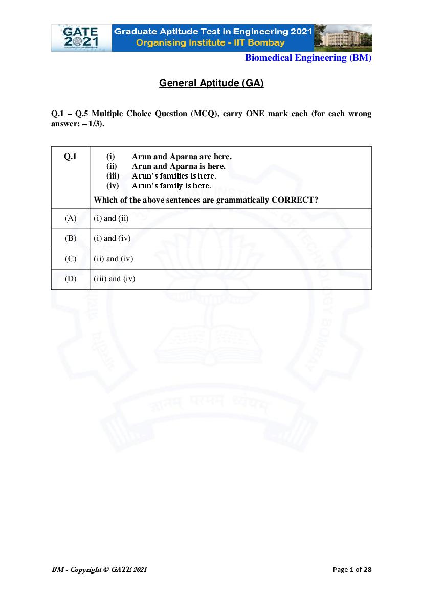 GATE 2021 Question Paper BM Biomedical Engineering - Page 1