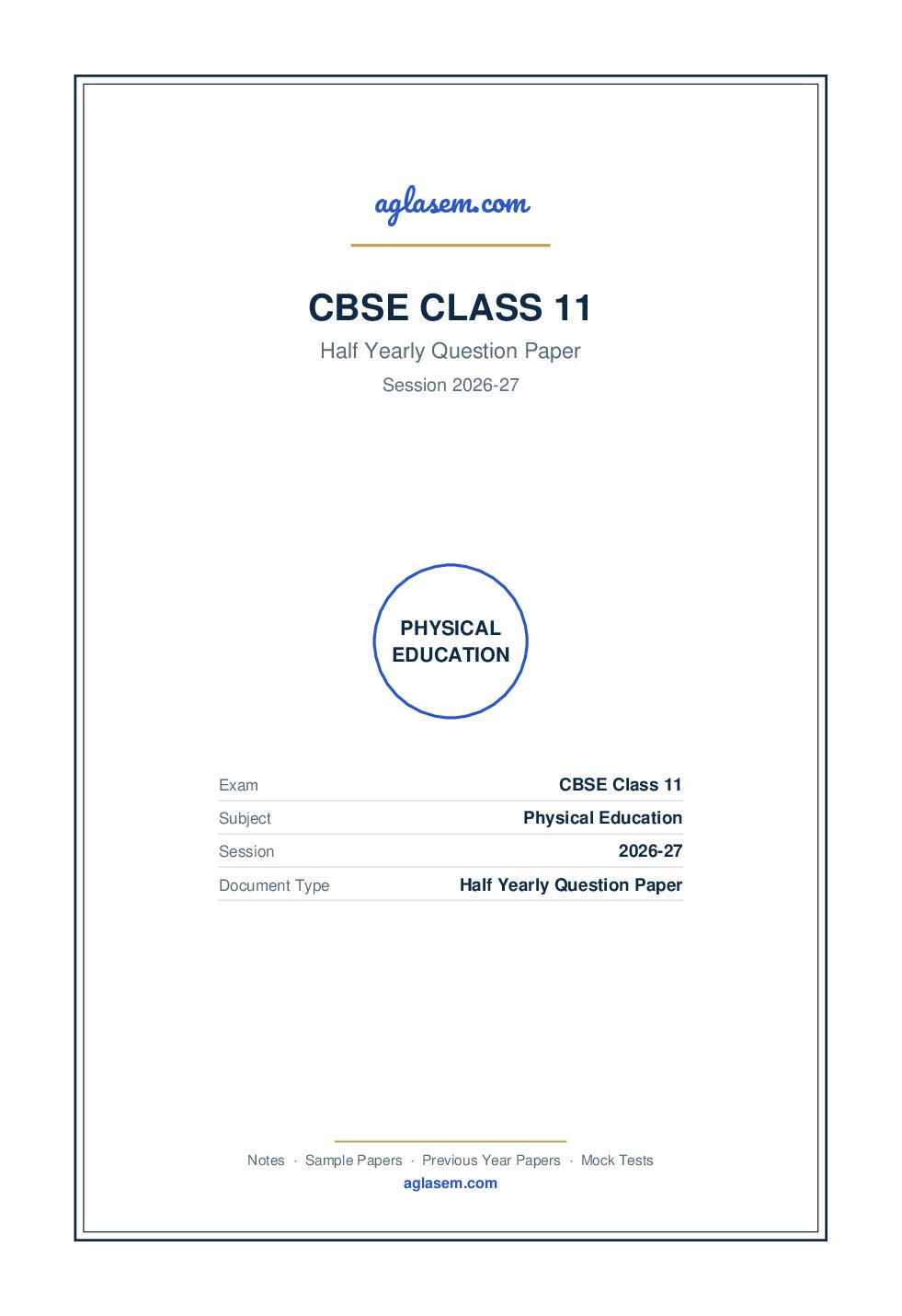 Class 11 Half Yearly Question Paper 2026-27 Physical Education - Page 1 of 6