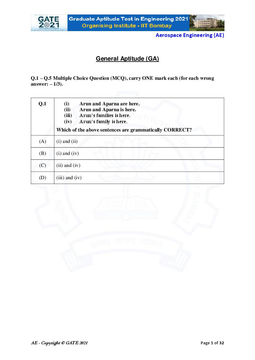 GATE 2021 Question Paper AE Aerospace Engineering - Page 1