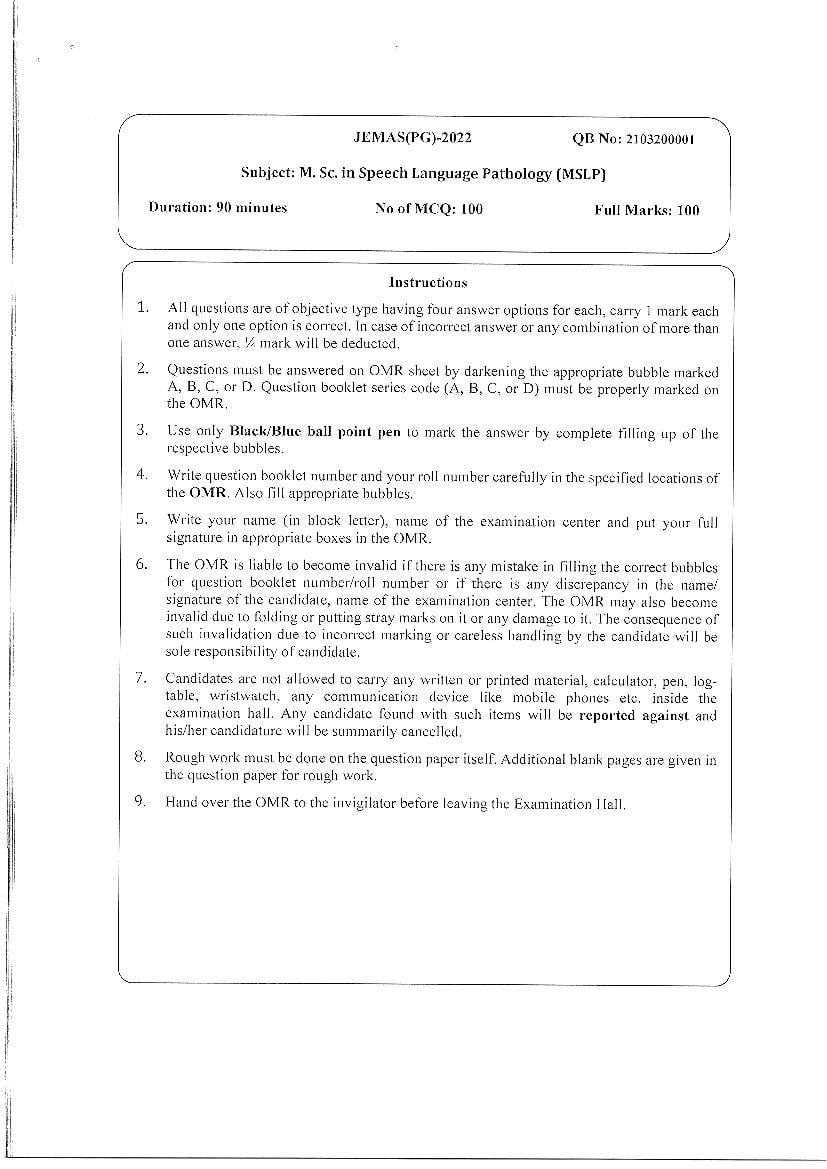 JEMAS PG 2022 Question Paper MSLP - Page 1