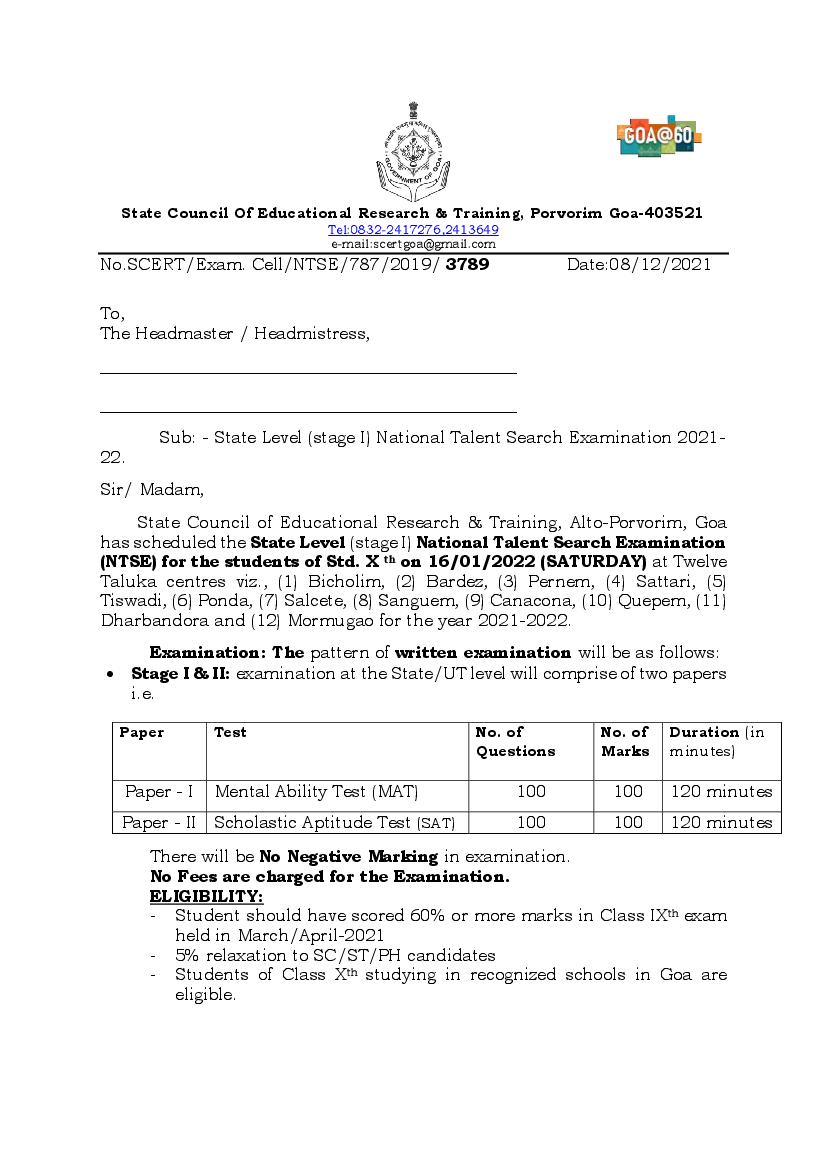 Goa NTSE Stage 1 2021 - 2022 Notification - Page 1