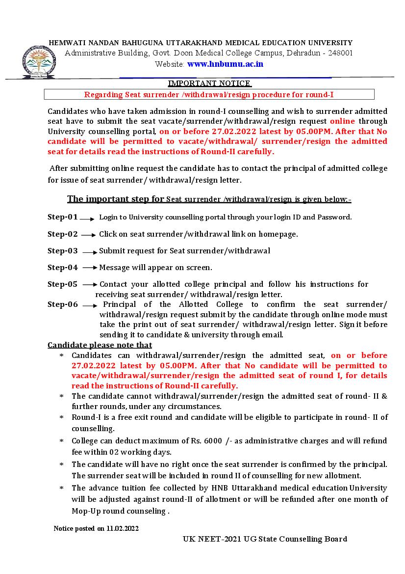 Uttarakhand MBBS and BDS Admission 2021 Notice for Seat Surrender Procedure - Page 1