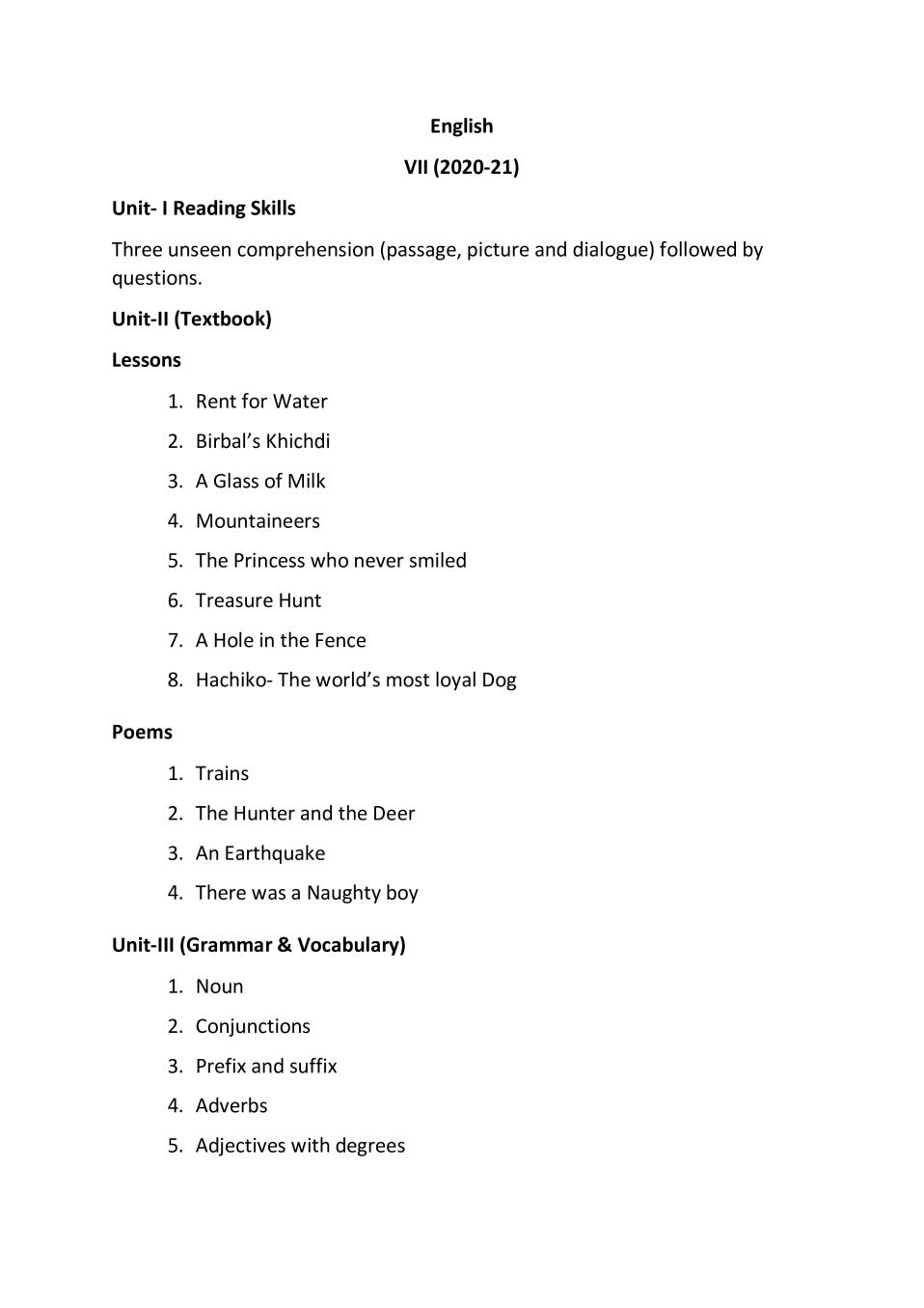 PSEB Syllabus 2020-21 for Class 7 Elective 1 - Page 1