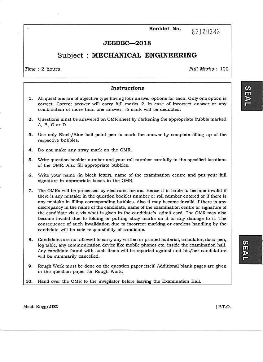 JEEDEC 2018 Question Paper Mechanical Engineering - Page 1