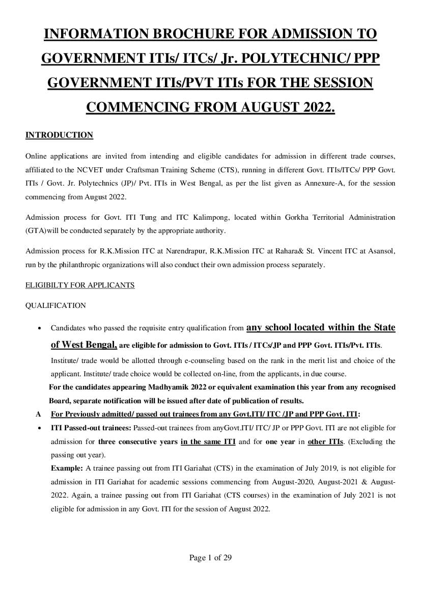 West Bengal ITI Admission 2022 Information Brochure - Page 1