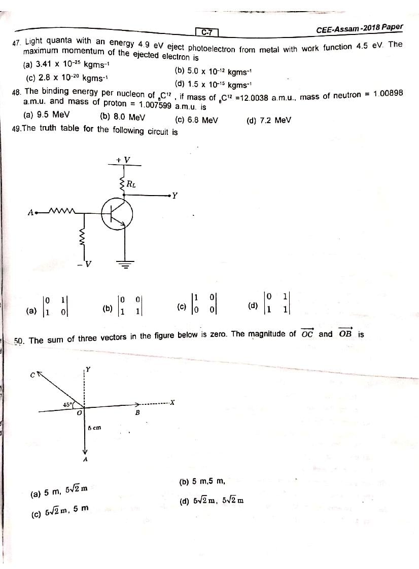 Assam CEE 2018 Question Paper PDF (Physics, Chemistry, Maths)