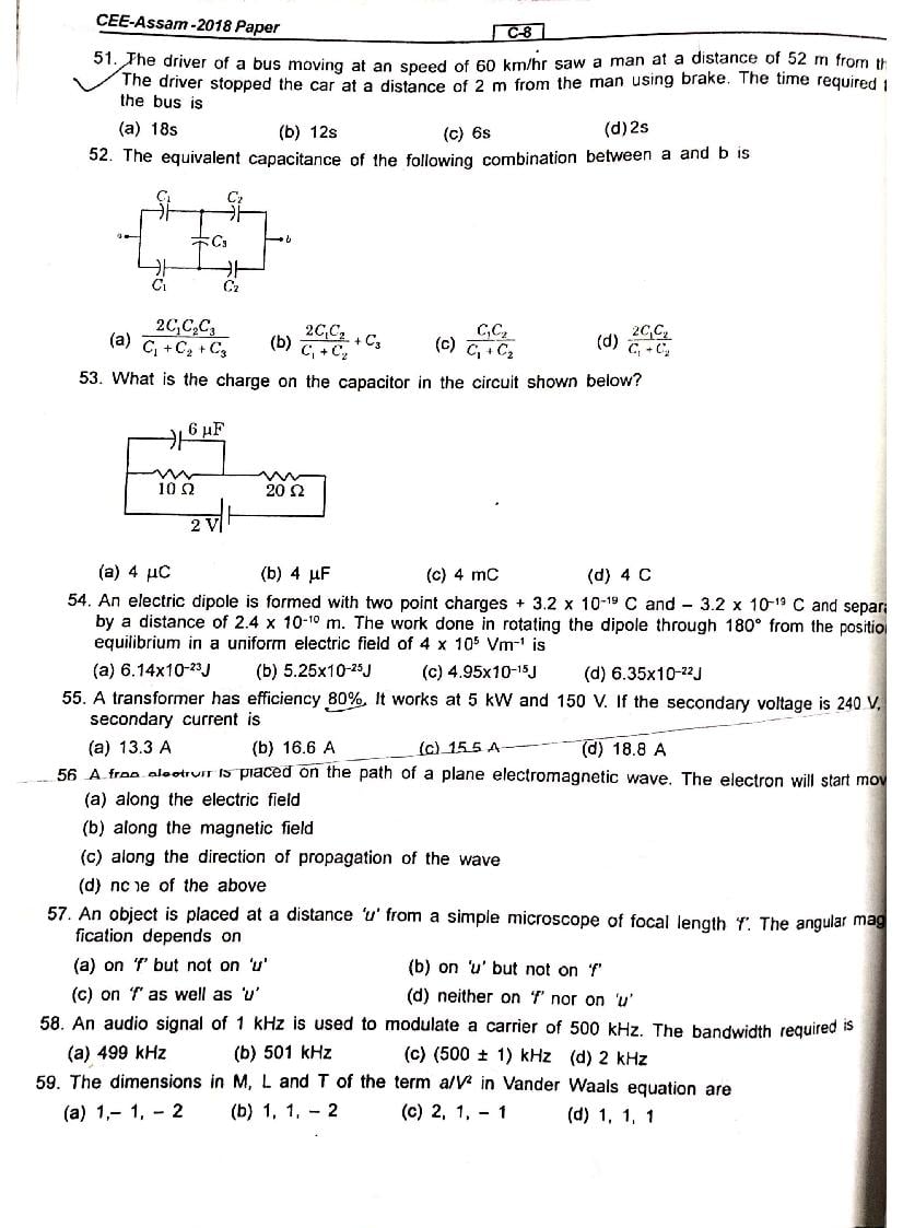 Assam CEE 2018 Question Paper PDF (Physics, Chemistry, Maths)