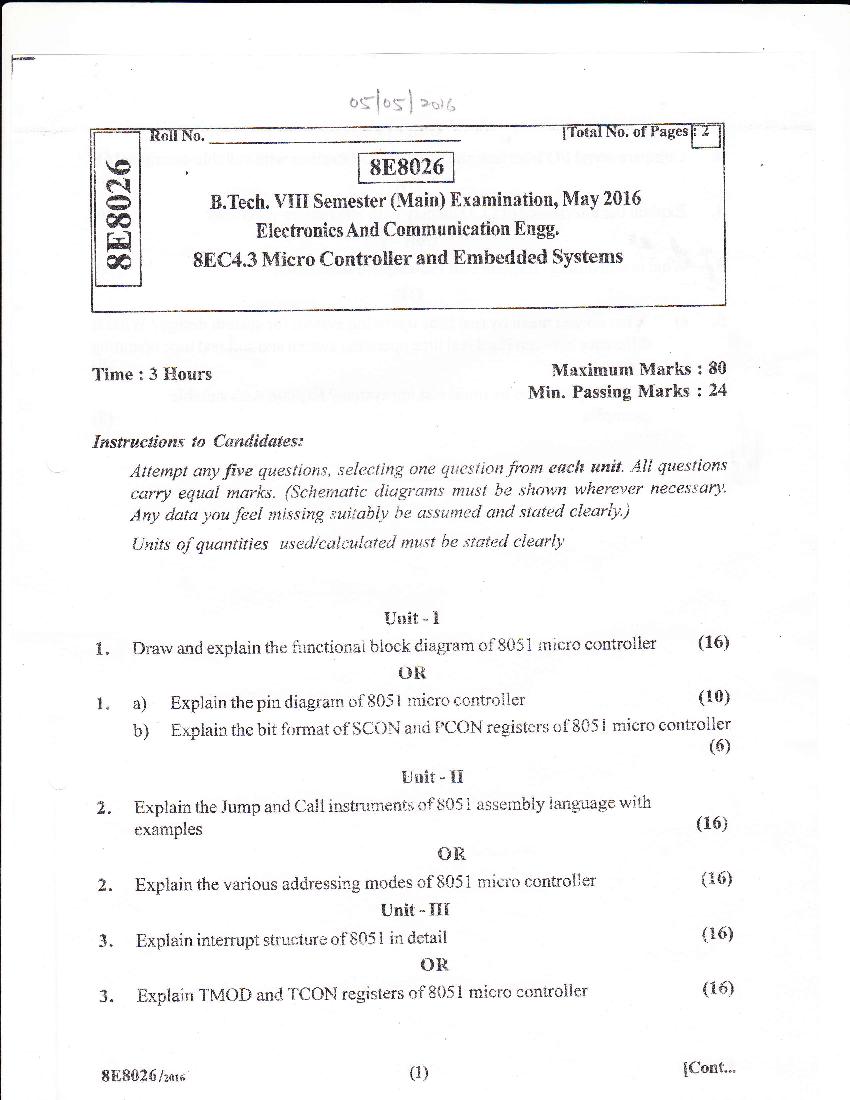 RTU 2016 Question Paper Semester VIII Electronics and Communication Engineering Micro Controller and Embedded systems - Page 1
