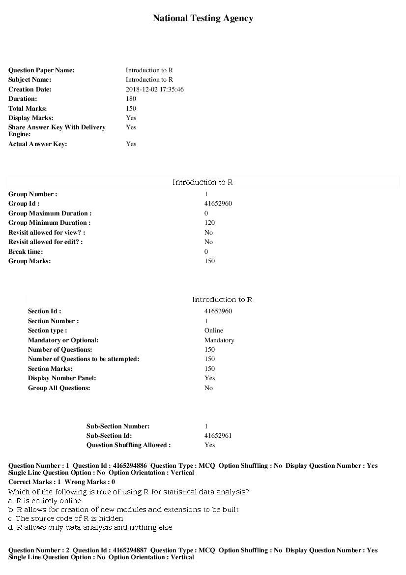 SWAYAM 2018 Question Paper Introduction to R - Page 1 of 25