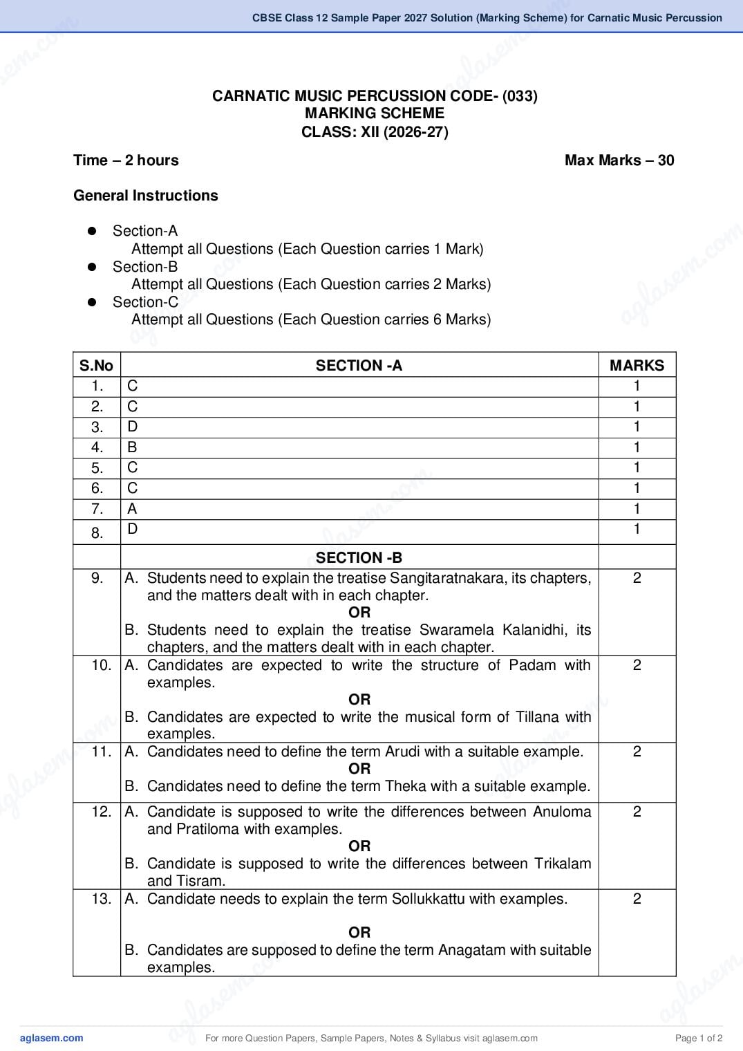 CBSE Class 12 Sample Paper 2027 Solution (Marking Scheme) for Carnatic Music Percussion - Page 1 of 2