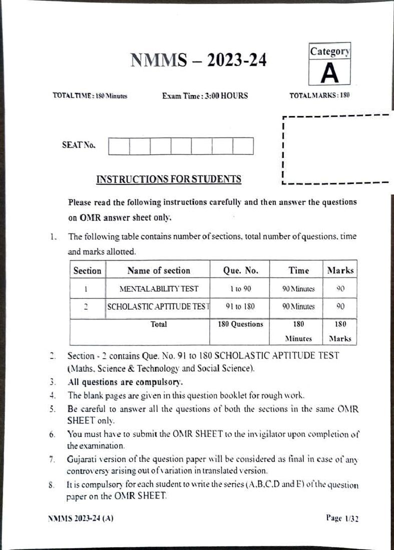 Gujarat NMMS 2023 Question Paper - Page 1