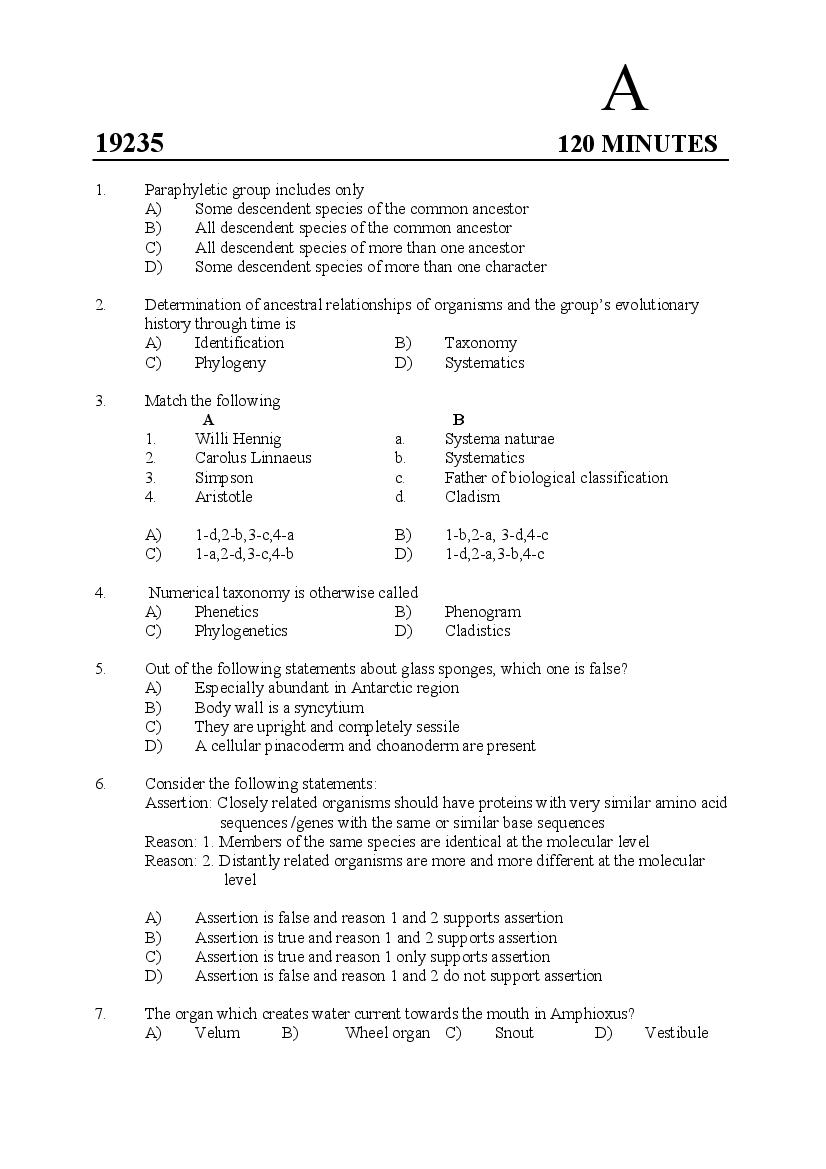 Kerala SET 2019 Feb Question Paper Zoology - Page 1 of 14