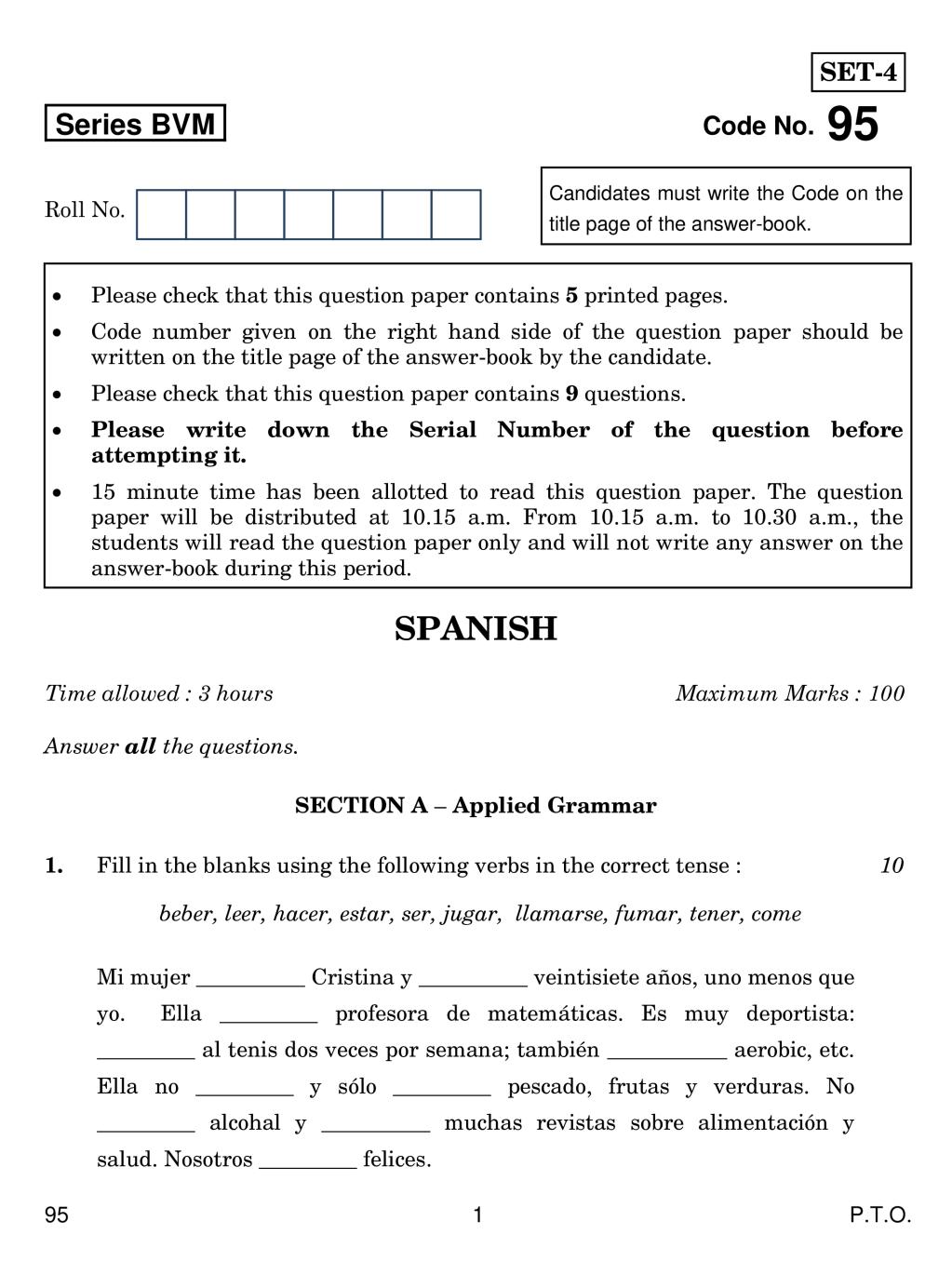 CBSE Class 12 Spanish Question Paper 2019 - Page 1