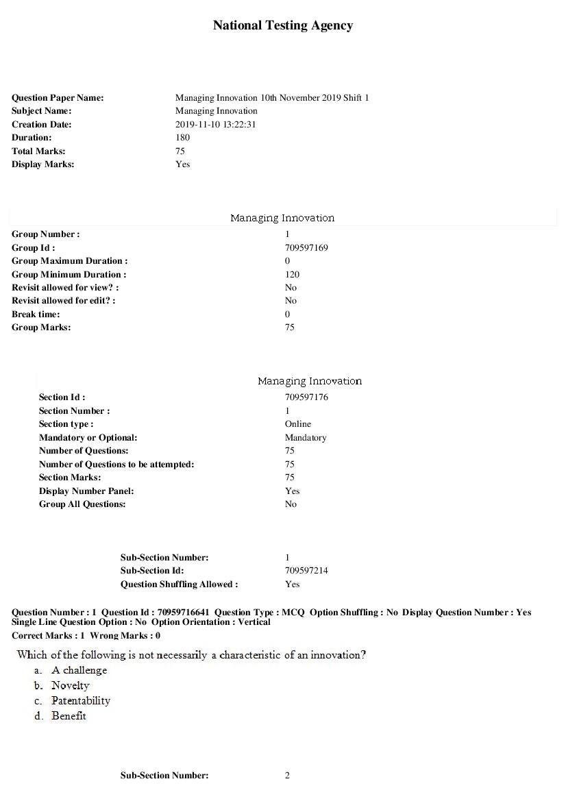 SWAYAM 2019 Question Paper Managing Innovation - Page 1 of 21