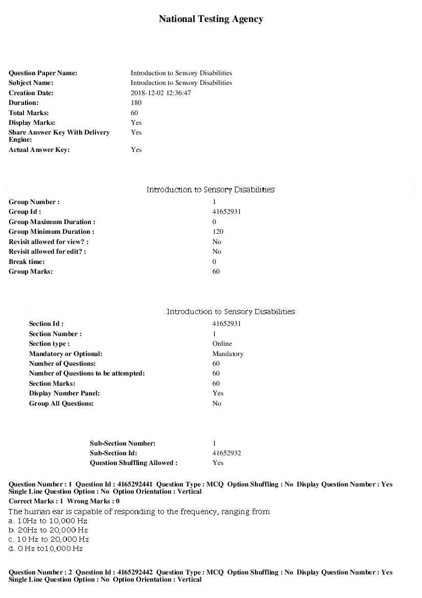 SWAYAM 2018 Question Paper Introduction to Sensory Disabilities - Page 1 of 11