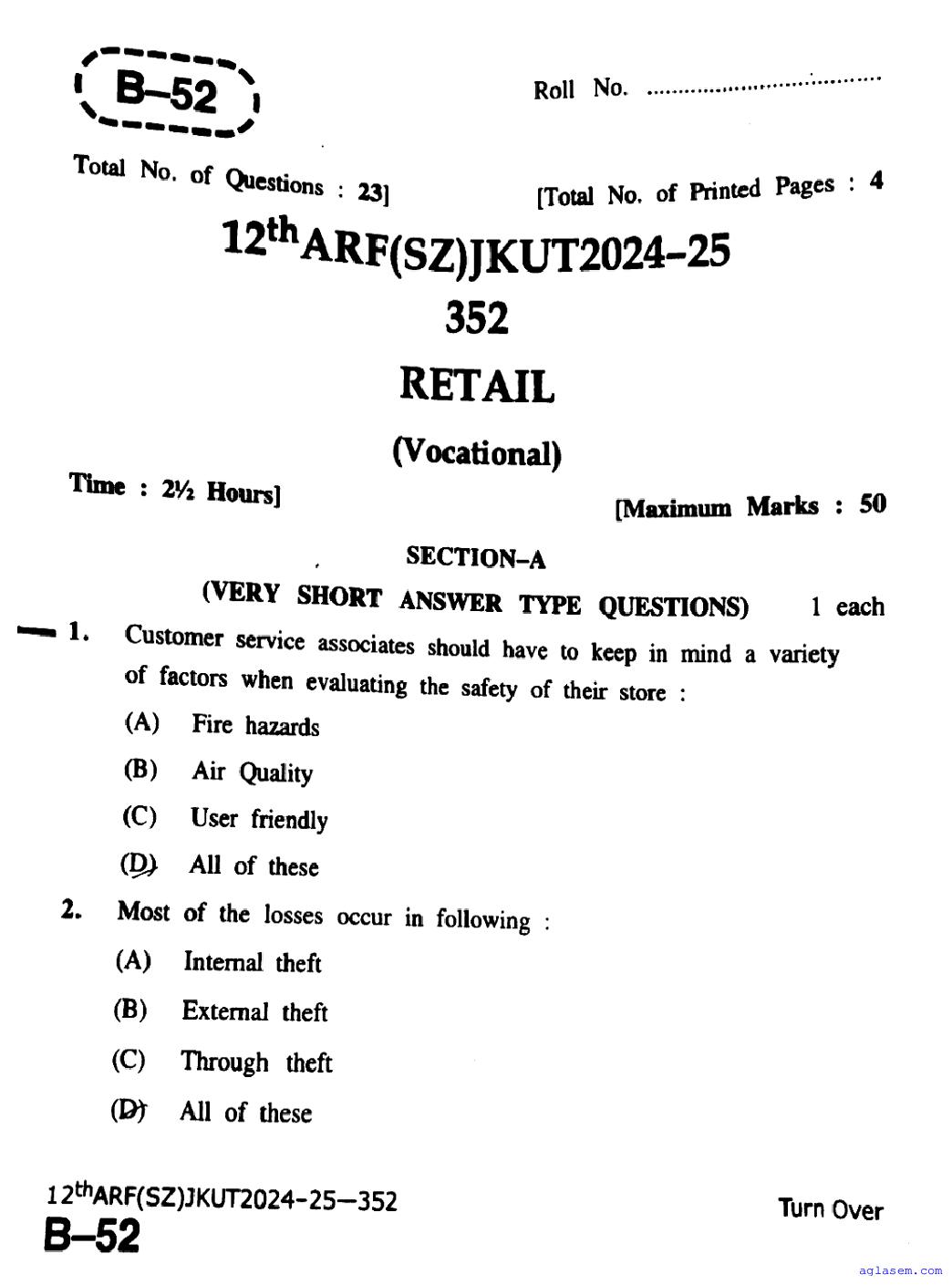 JKBOSE Class 12th Question Paper 2025 Retail - Page 1 of 4