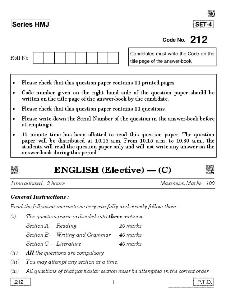 CBSE Class 12 English Elective C Question Paper 2020 - Page 1