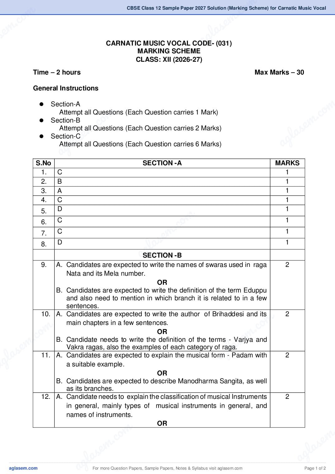 CBSE Class 12 Sample Paper 2027 Solution (Marking Scheme) for Carnatic Music Vocal - Page 1 of 2